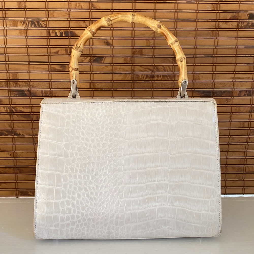 Elaine Turner Croc-Embossed Leather Handbag with Bamboo Top Handle, White - Picture 2 of 10